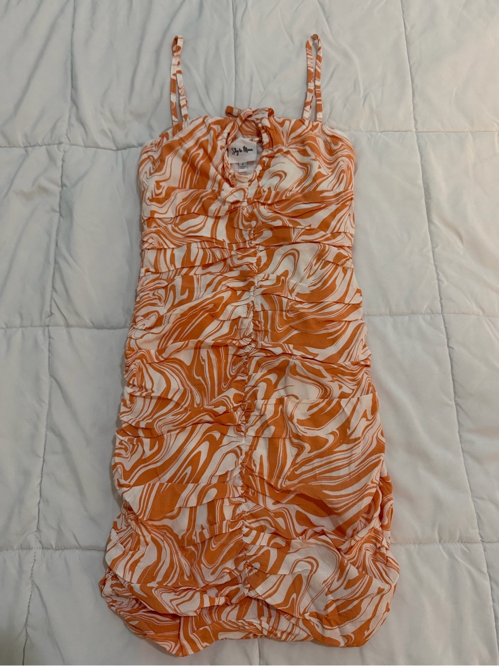 NWOT Sky to Moon Orange Abstract Ruched Midi Dress Size S